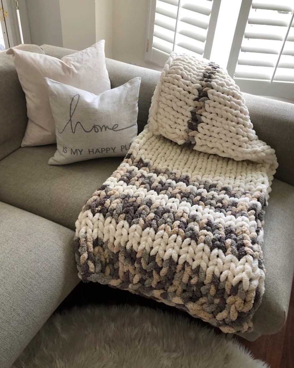 HANDKNIT PATTERN ~ Oatmeal Striped Blanket ~ Chunky Chenille ~ Off By Heart Design ~ DIY