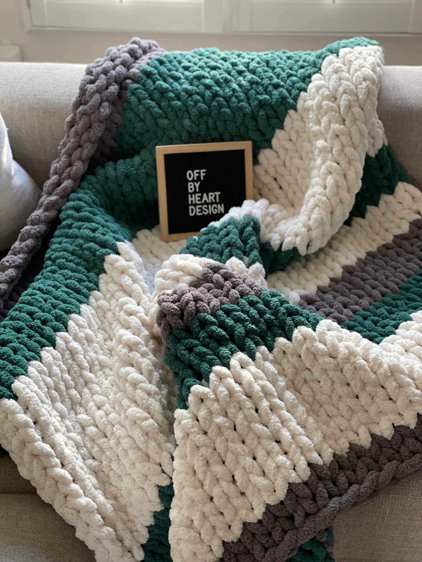 KNITTING PATTERN ~ DIGITAL DOWNLOAD ~ Green, White and Dark Grey Stripe Blanket ~ Chunky Chenille