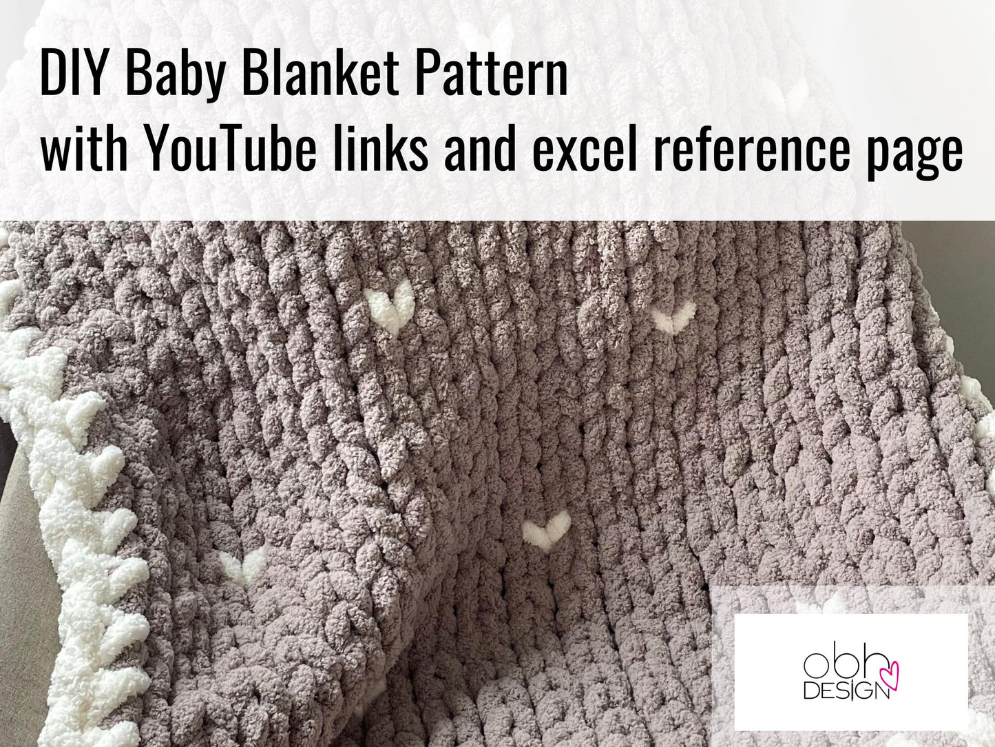 Chunky Chenille Baby Blanket Finger Knitting Pattern | Taupe Grey Hearts (PDF Download) 36" x 35" and 40" x 60" Graphs incl