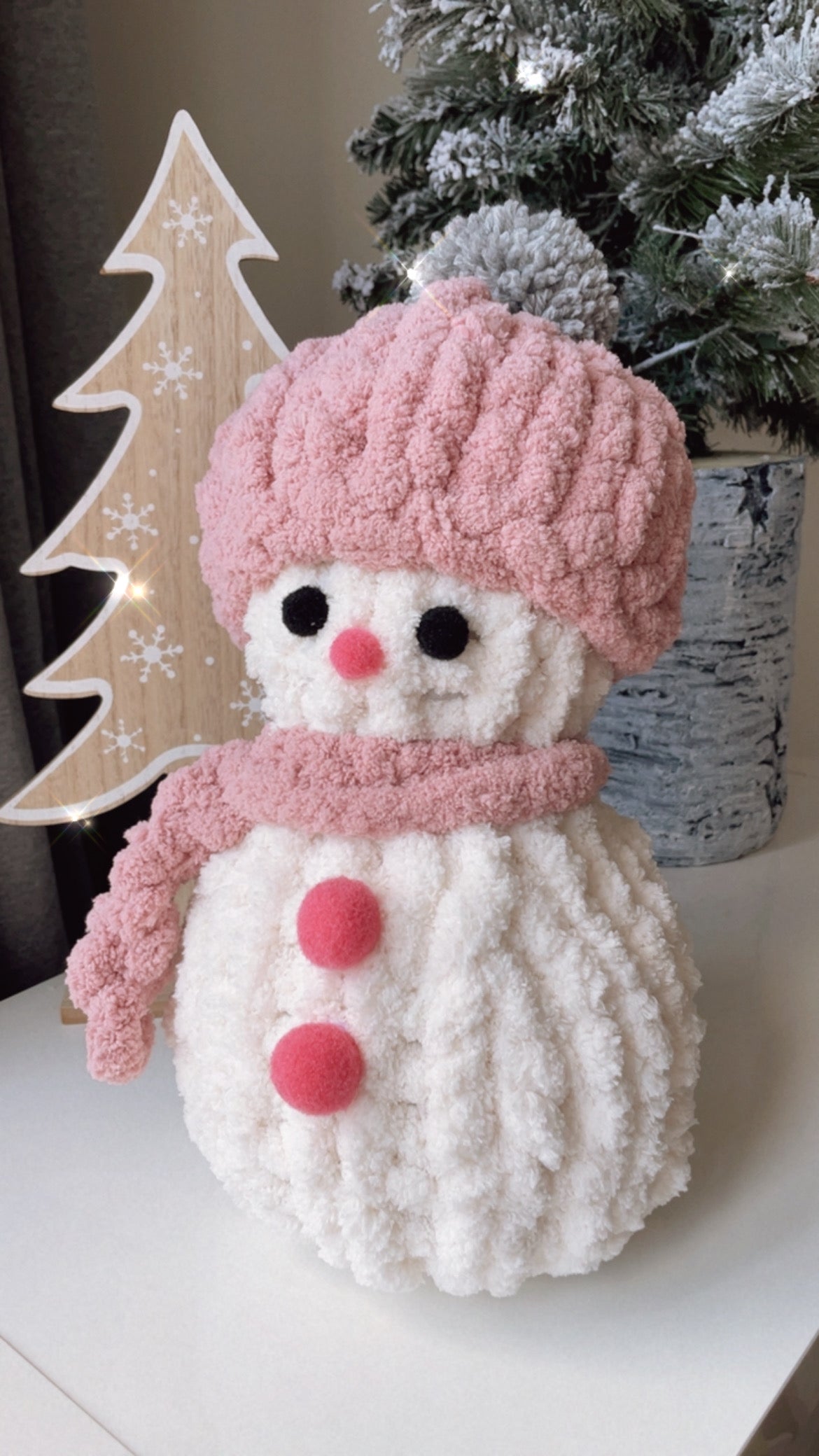 Cozy Chenille Snowman with Blush Pink Hat - Handmade Snowgirl