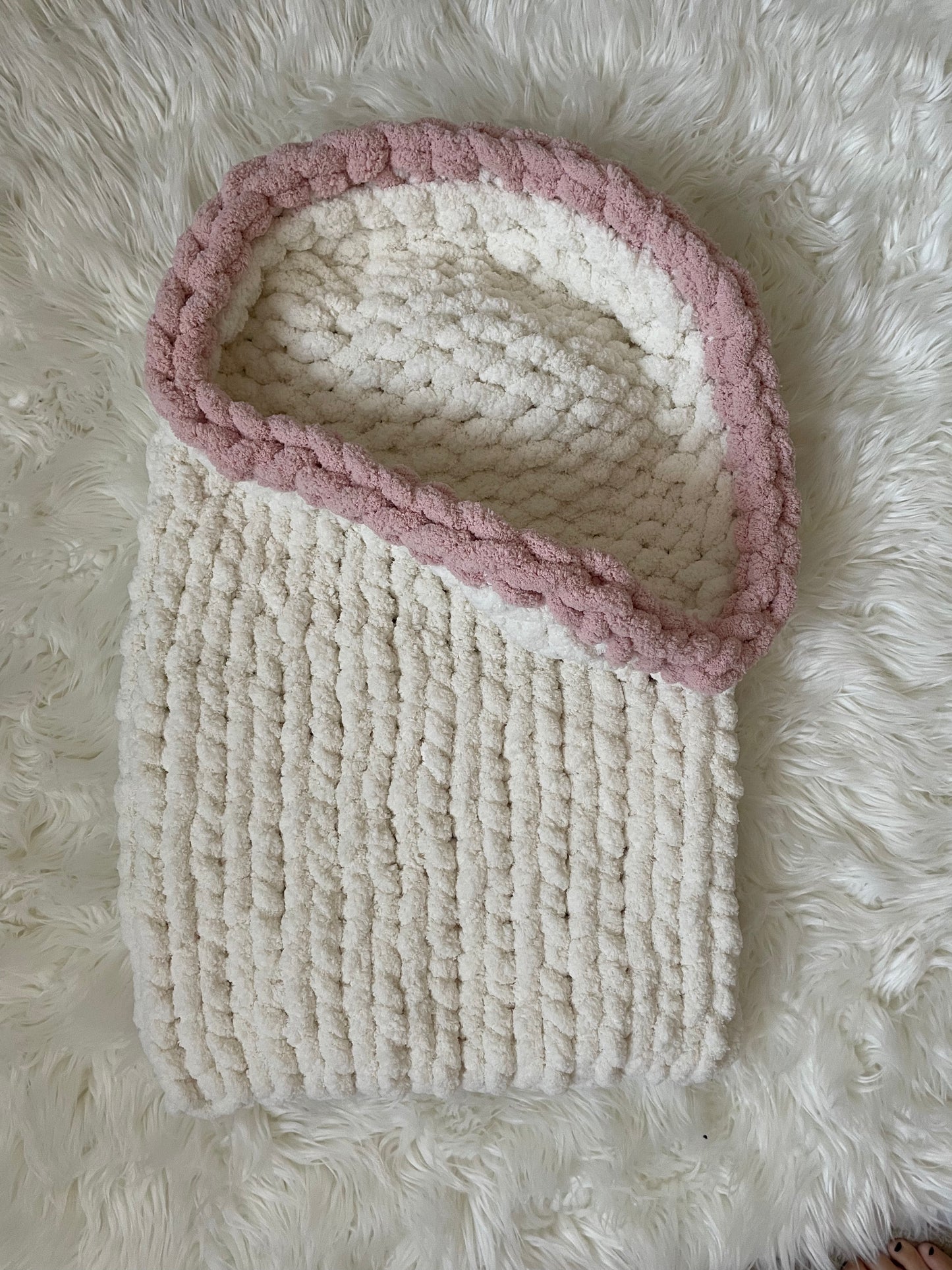 Baby Bunting Bag | Sleeping Bag | White with Soft Pink Boarder
