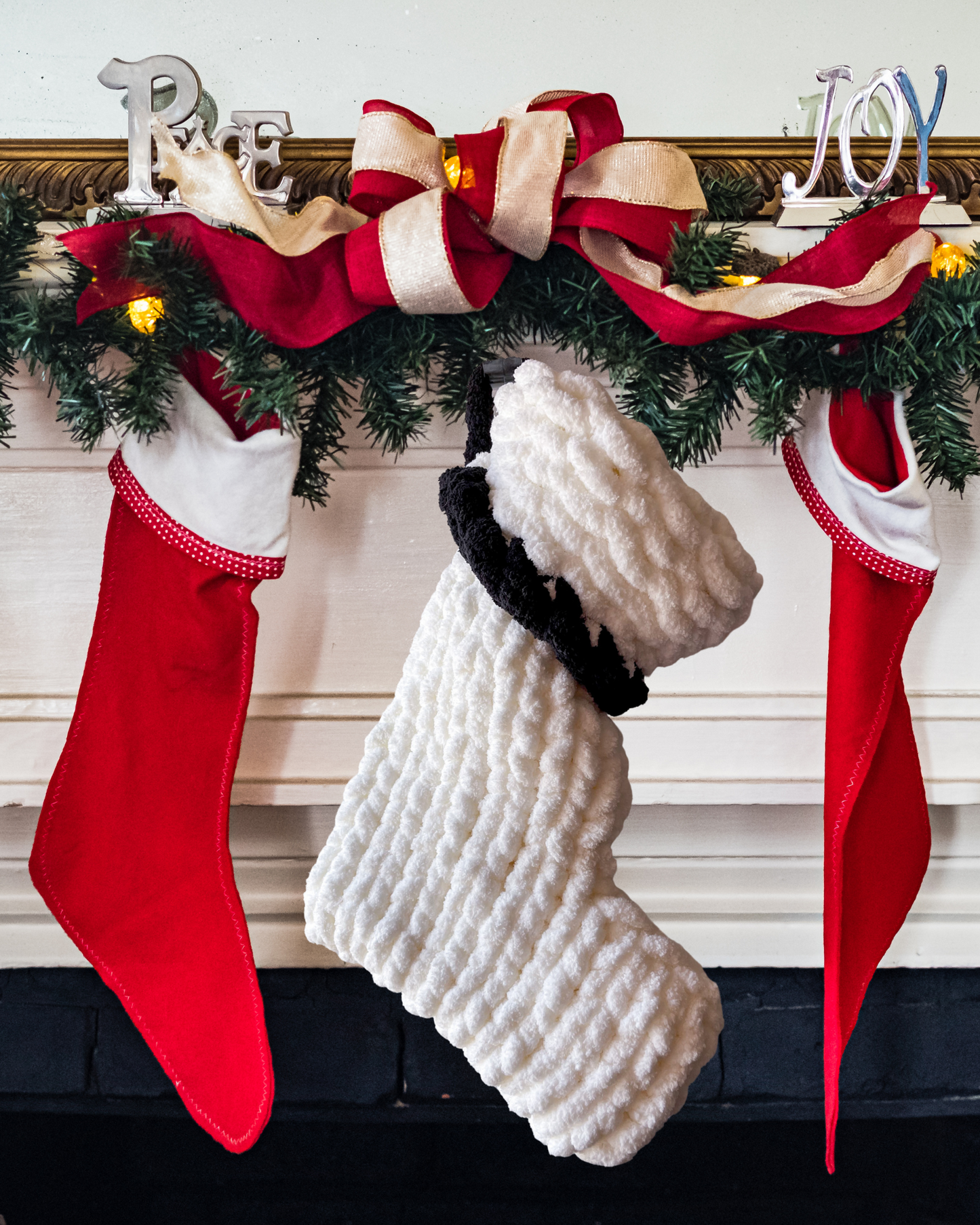 Christmas Handknit Yarn Stocking - White with Black 17”