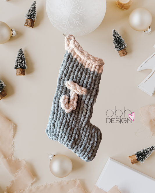 Monogram Christmas Handknit Yarn Stocking - mint green and white 17”