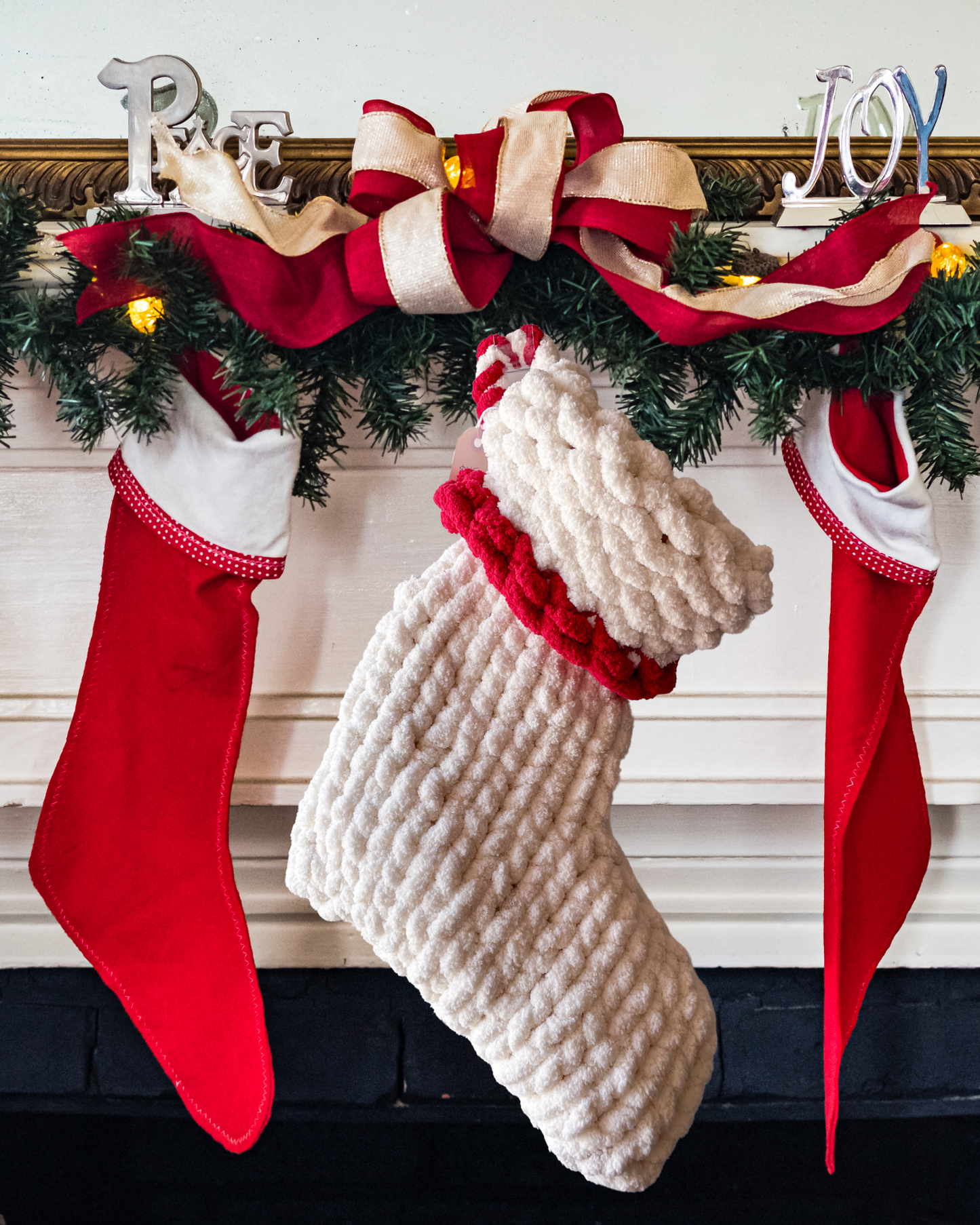 Christmas Handknit Yarn Stocking - White with Red 17”