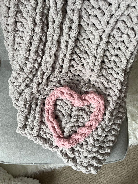 Healing Hand, Chunky Knit Blanket Light Grey with Soft Pink Heart - double sided heart design
