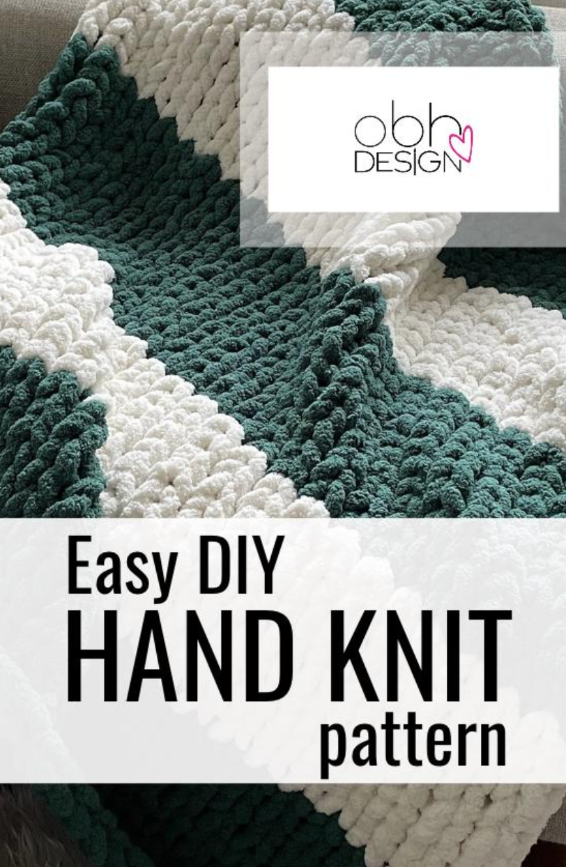 HANDKNIT PATTERN ~ Green and White Stripe Blanket ~ Chunky Chenille ~ Off By Heart Design ~ DIY