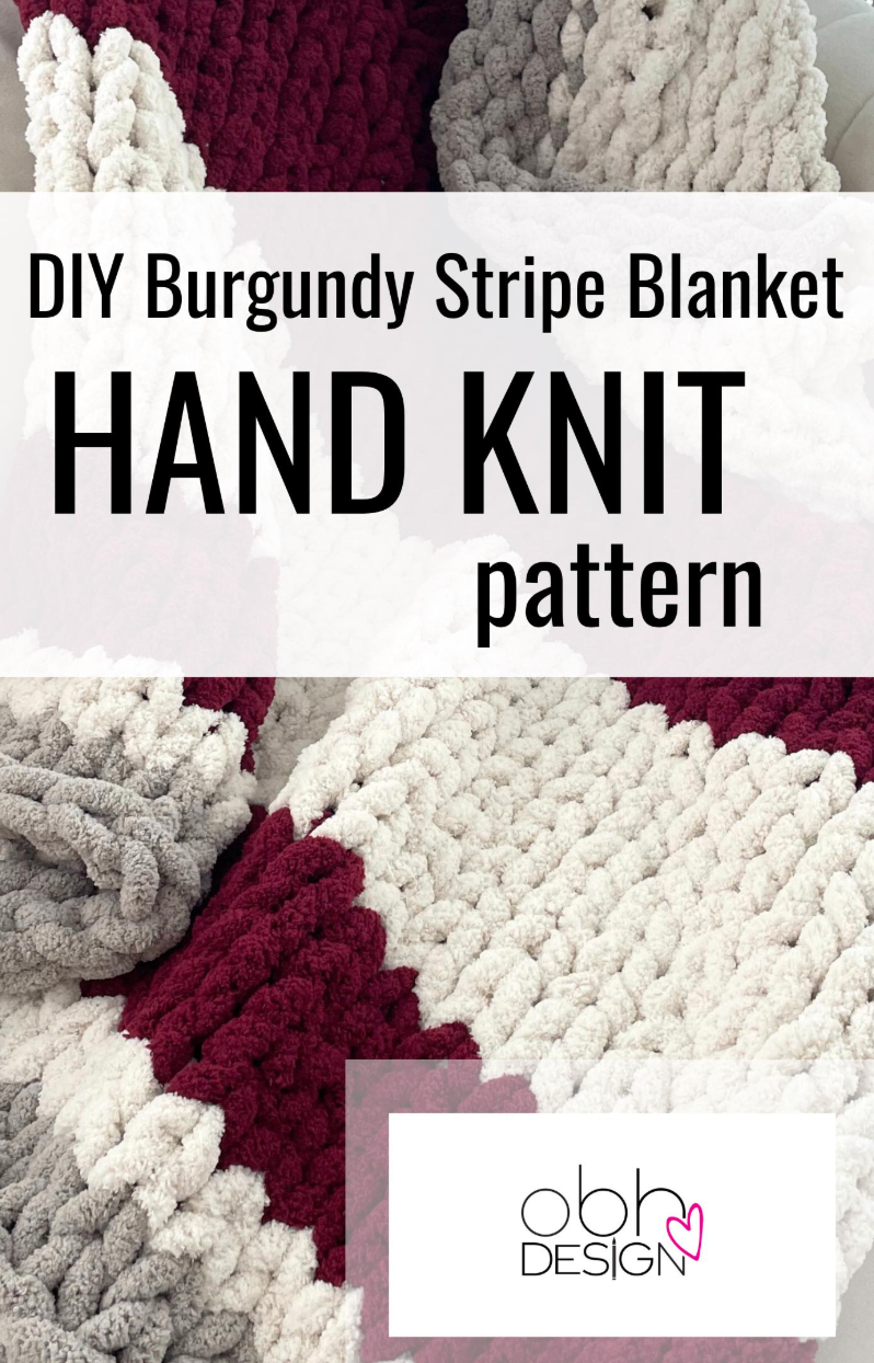 HANDKNIT PATTERN ~ Burgundy, Light Grey and White Striped Blanket | Chunky Chenille ~ Off By Heart Design ~ DIY