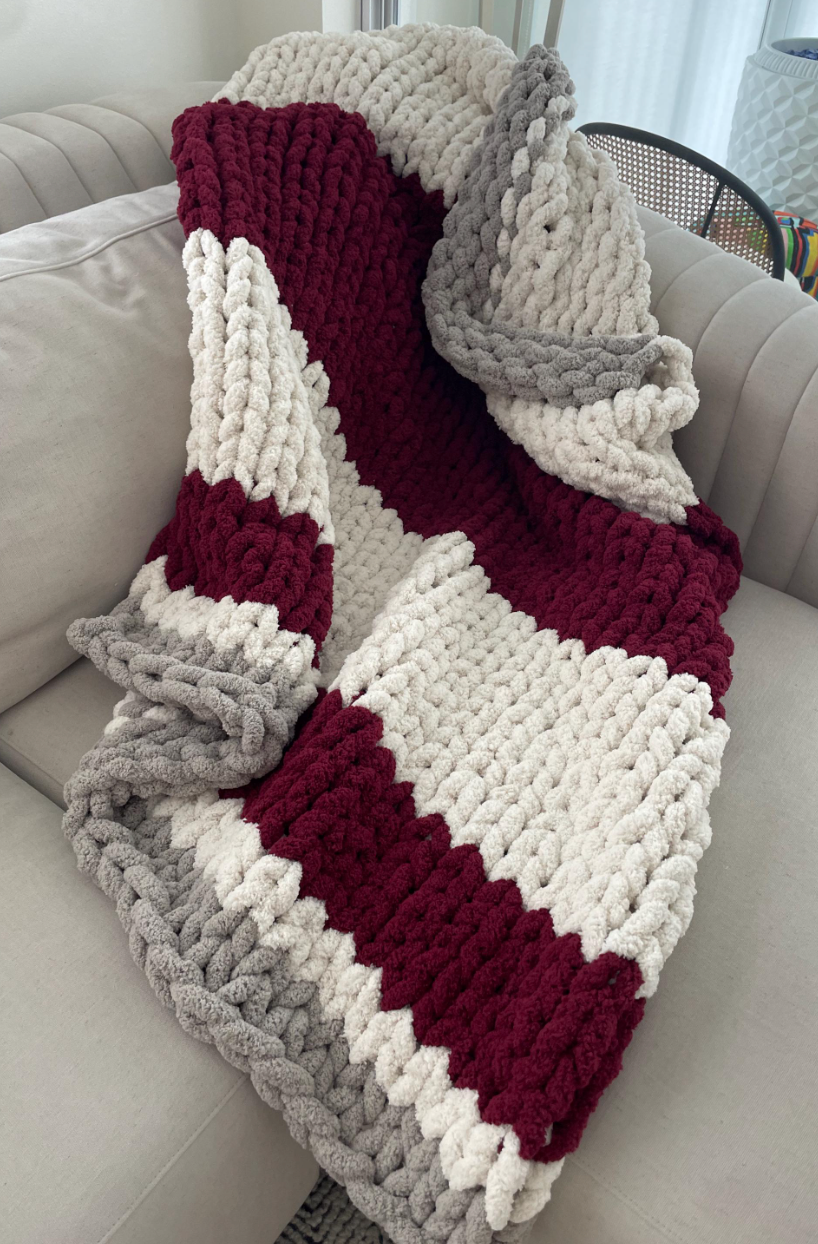 HANDKNIT PATTERN ~ Burgundy, Light Grey and White Striped Blanket | Chunky Chenille ~ Off By Heart Design ~ DIY