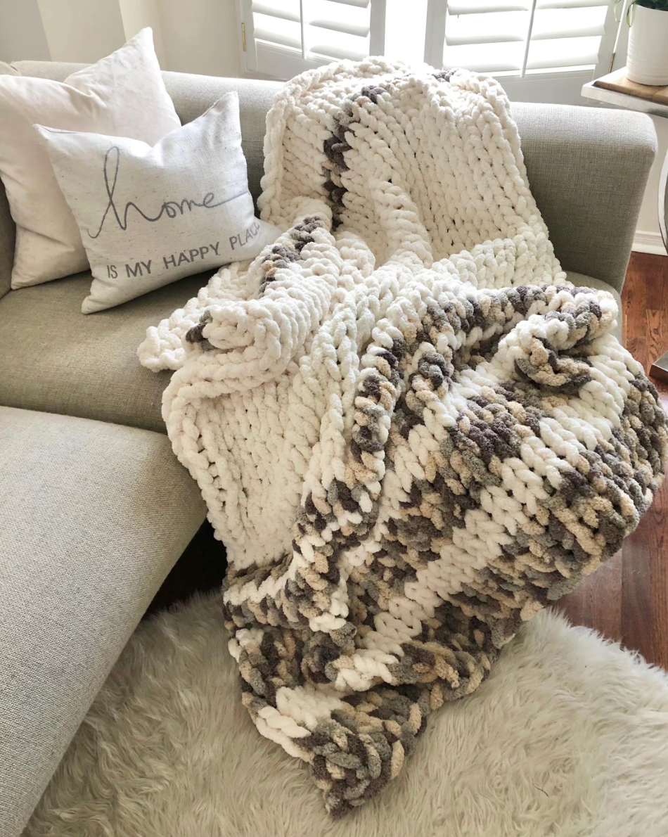 HANDKNIT PATTERN ~ Oatmeal Striped Blanket ~ Chunky Chenille ~ Off By Heart Design ~ DIY