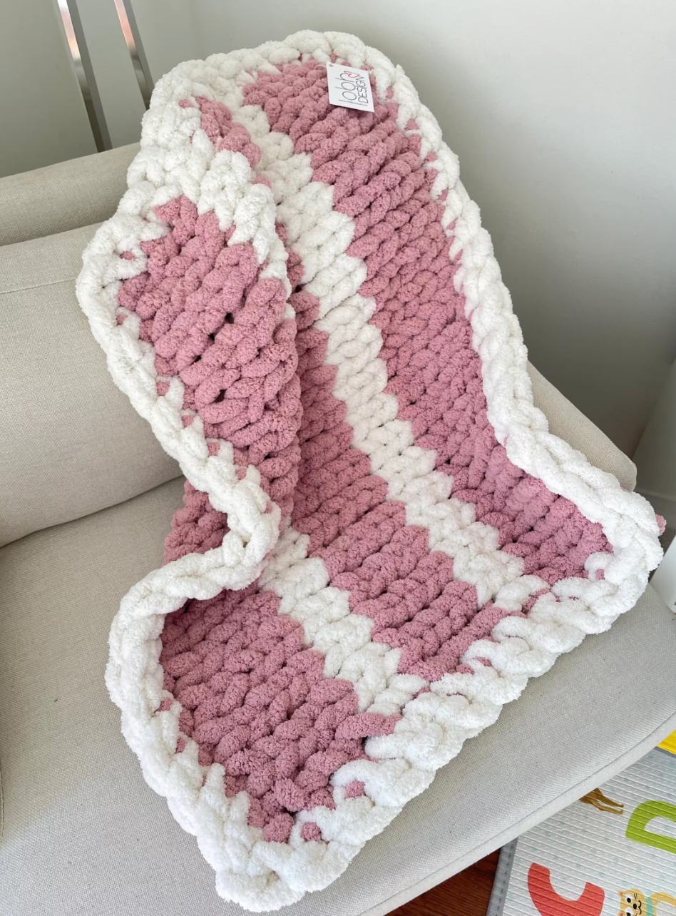 HANDKNIT PATTERN ~ Pink and White Stripe Baby Blanket with Edge ~ Chunky Chenille ~ Off By Heart Design ~ DIY