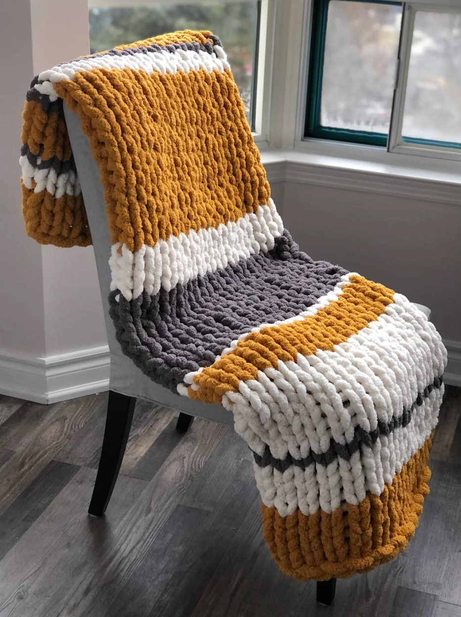 HANDKNIT PATTERN ~ Mustard, Dark Gray and White Stripe ~ Chunky Chenille ~ Off By Heart Design ~ DIY