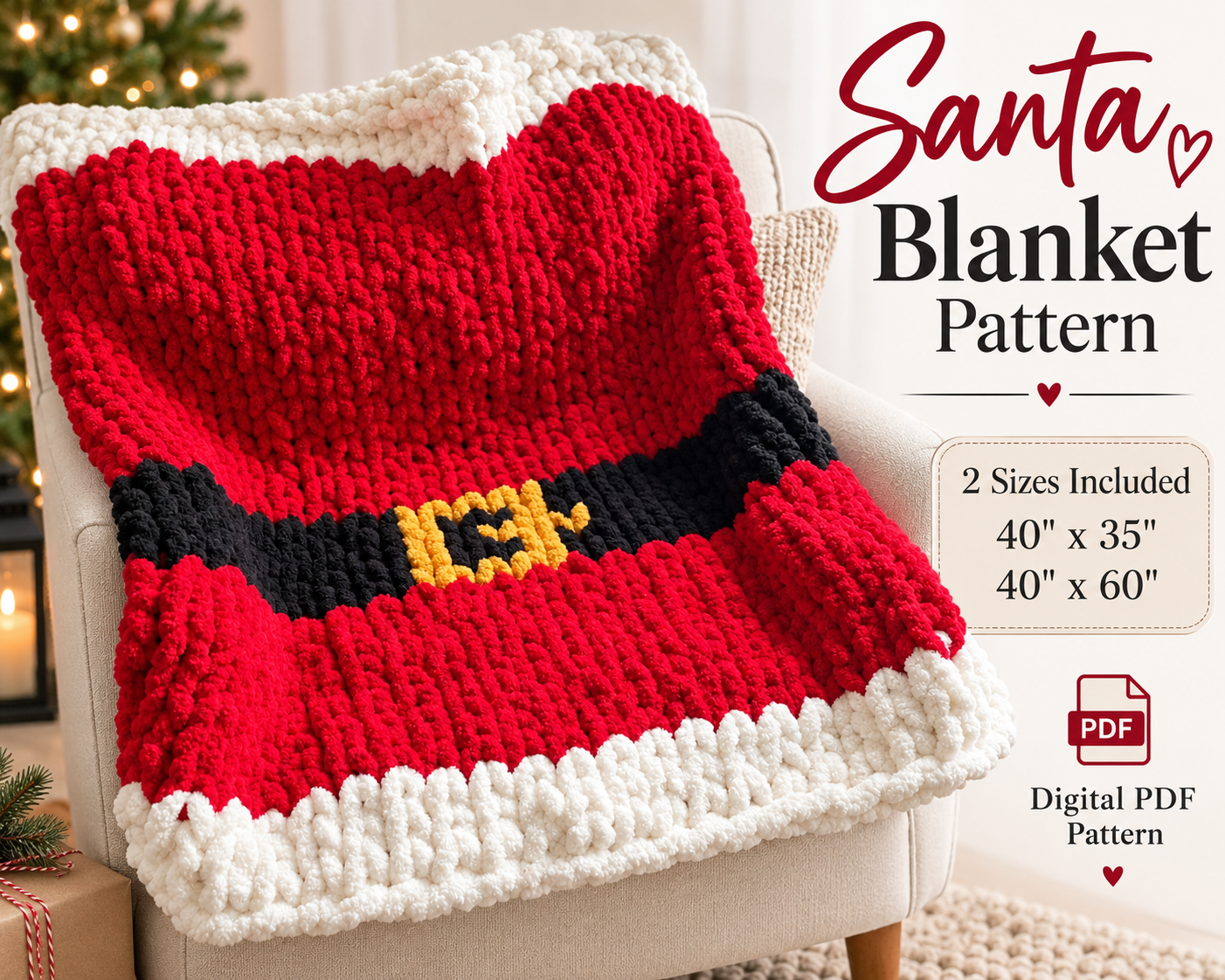 Santa Blanket Knitting Pattern – 2 Sizes | Chunky Chenille DIY Digital Download