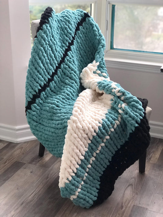 HANDKNIT PATTERN ~ Teal, White and Black ~ Chunky Chenille ~ Off By Heart Design ~ DIY