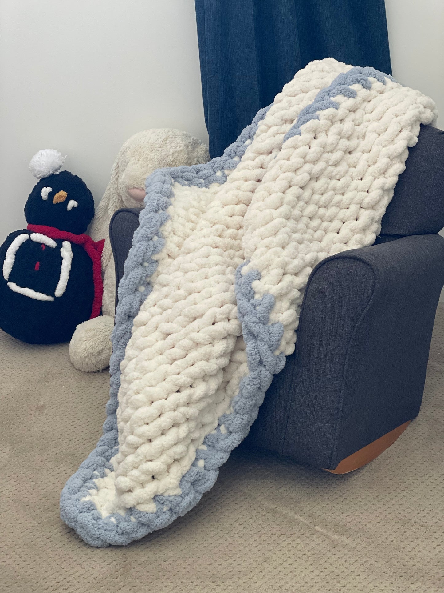 Healing Hand, Chunky Knit Baby Blankets - White with Light Blue Edge