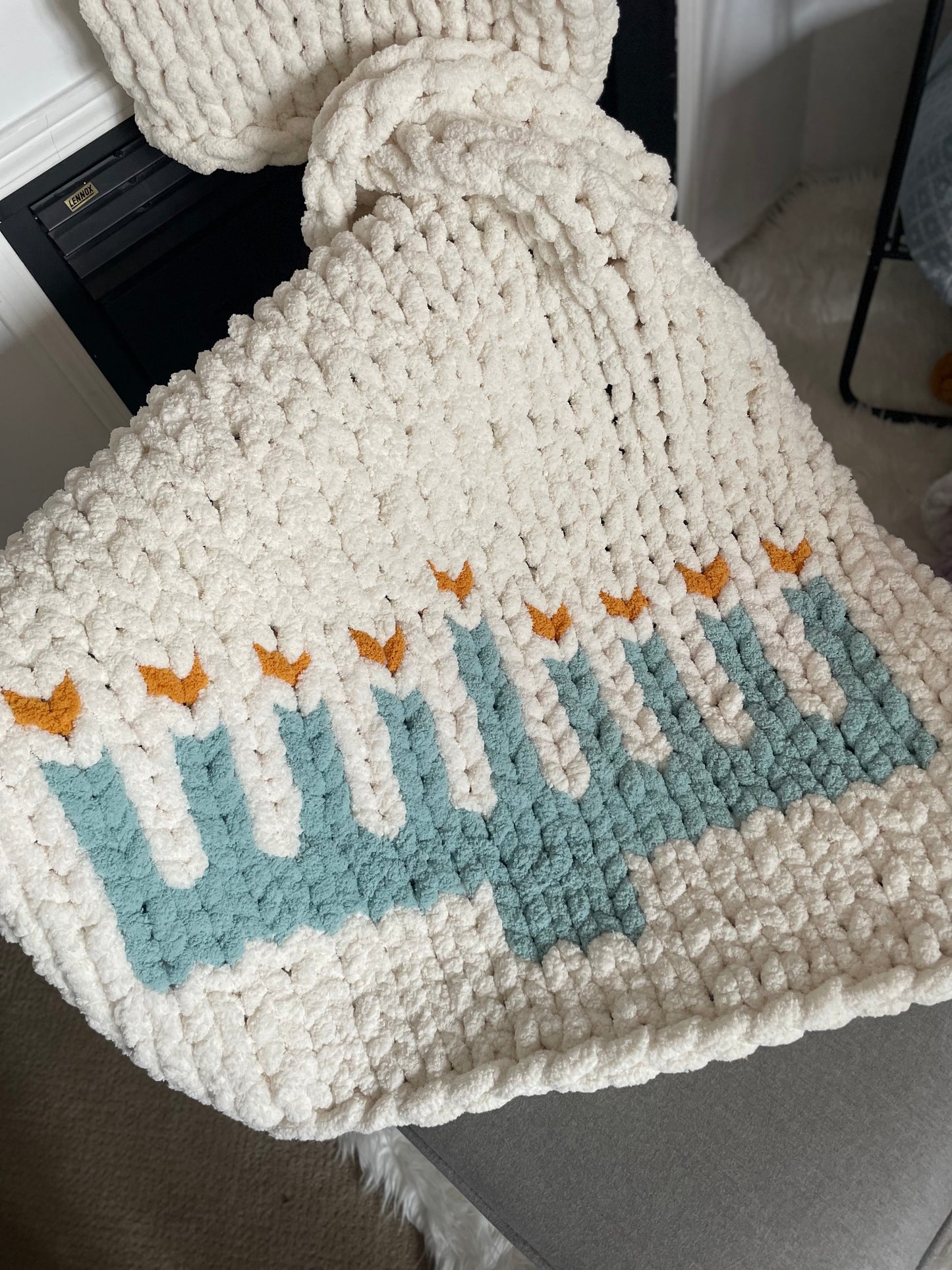Healing Hand, Chunky Knit Blankets | Chanukah Menorah Lapghan