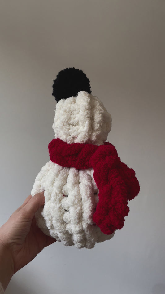 Handmade Christmas Snowman with Black PomPom and Red Scarf