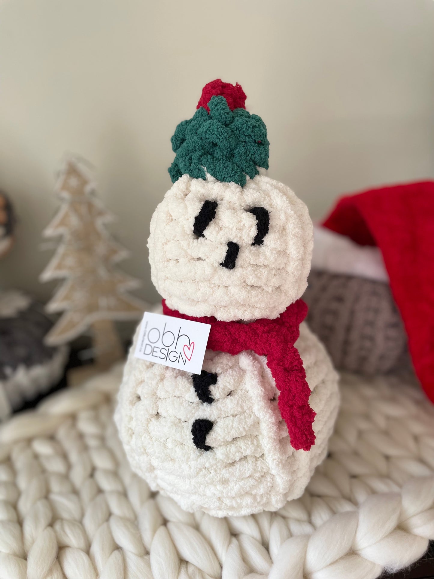 Hand Knit Christmas Snowman with green hat
