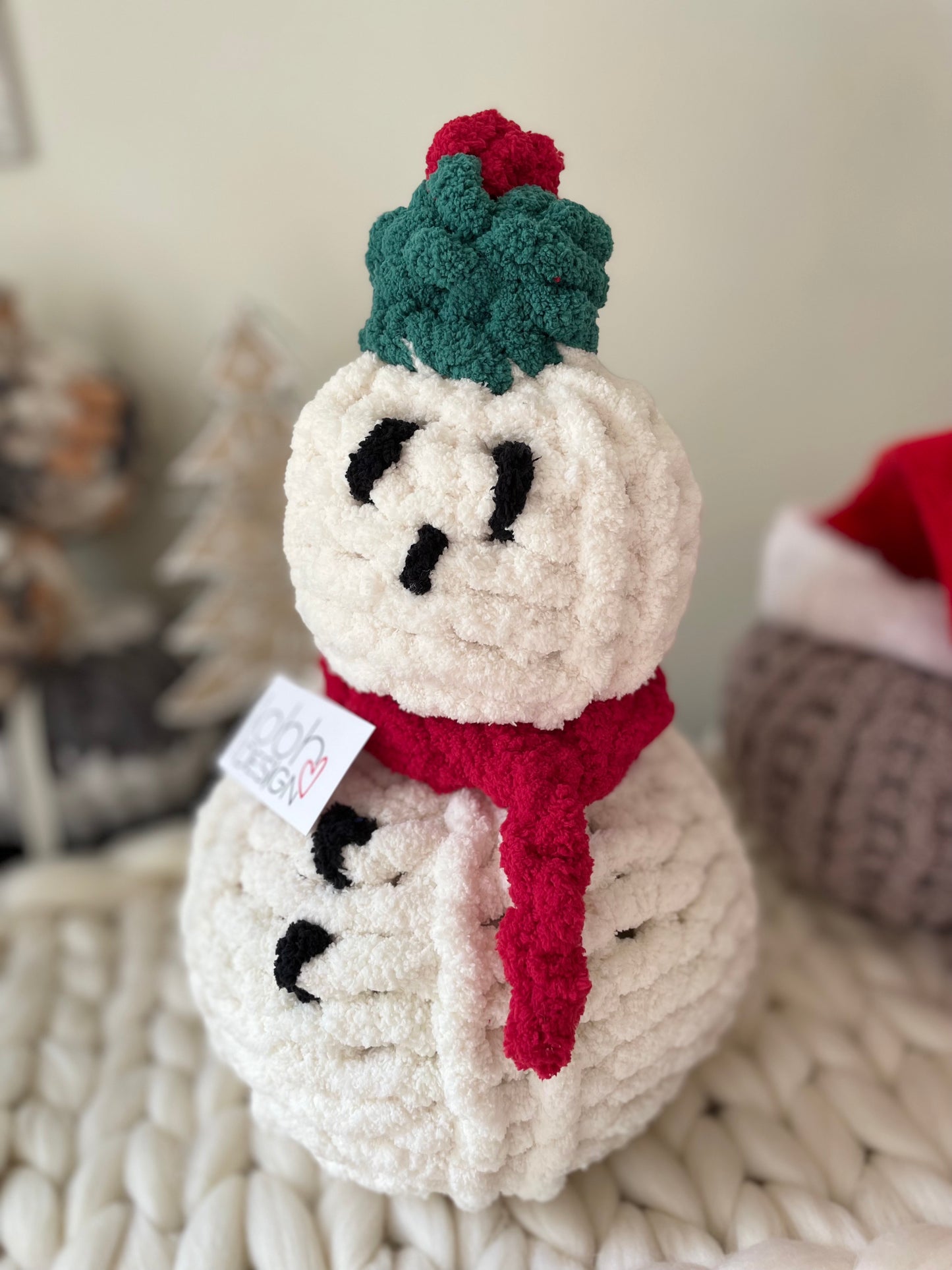Hand Knit Christmas Snowman with green hat