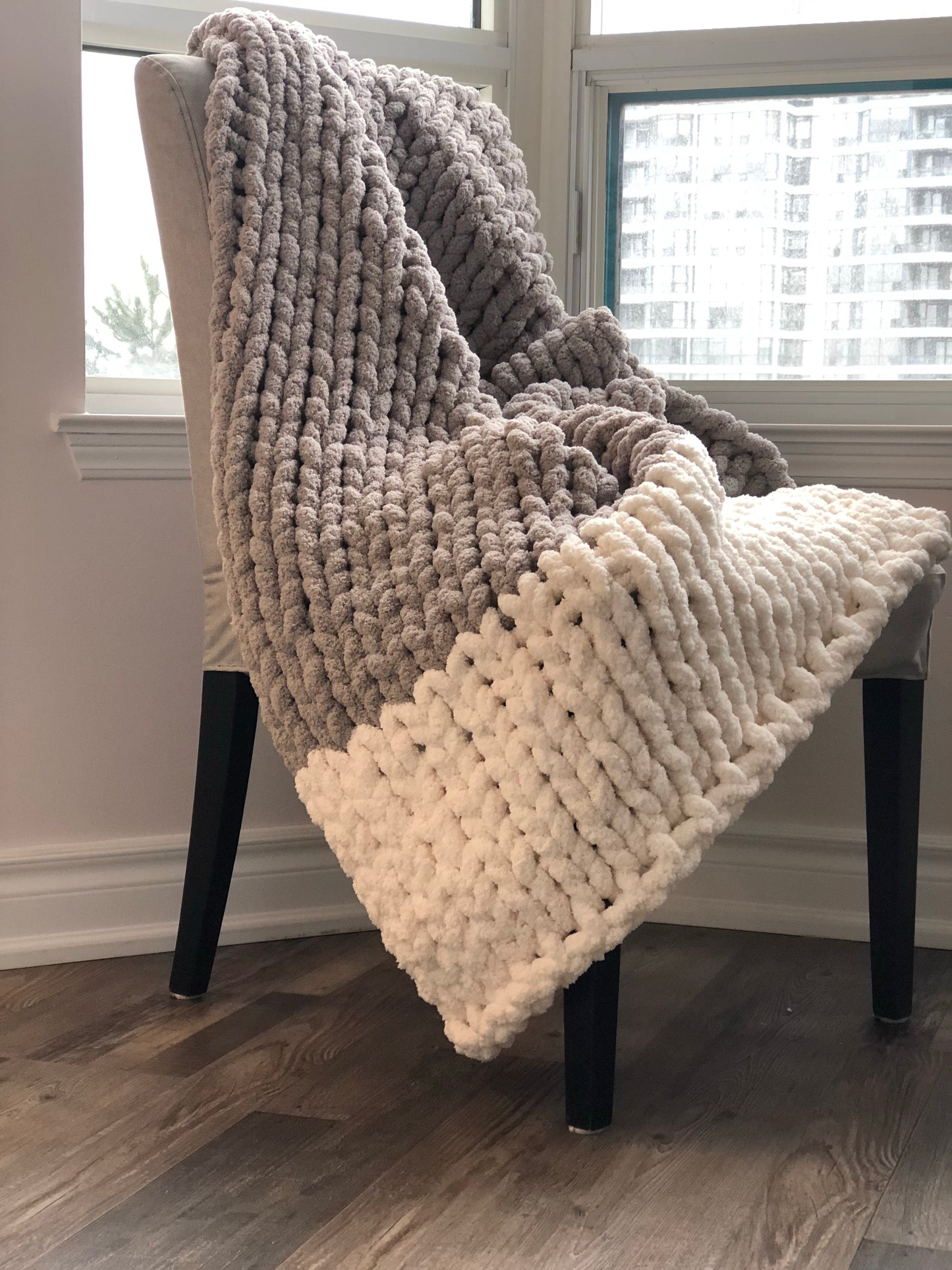 Healing Hand, Chunky Knit Blankets Light Grey with One White on one side