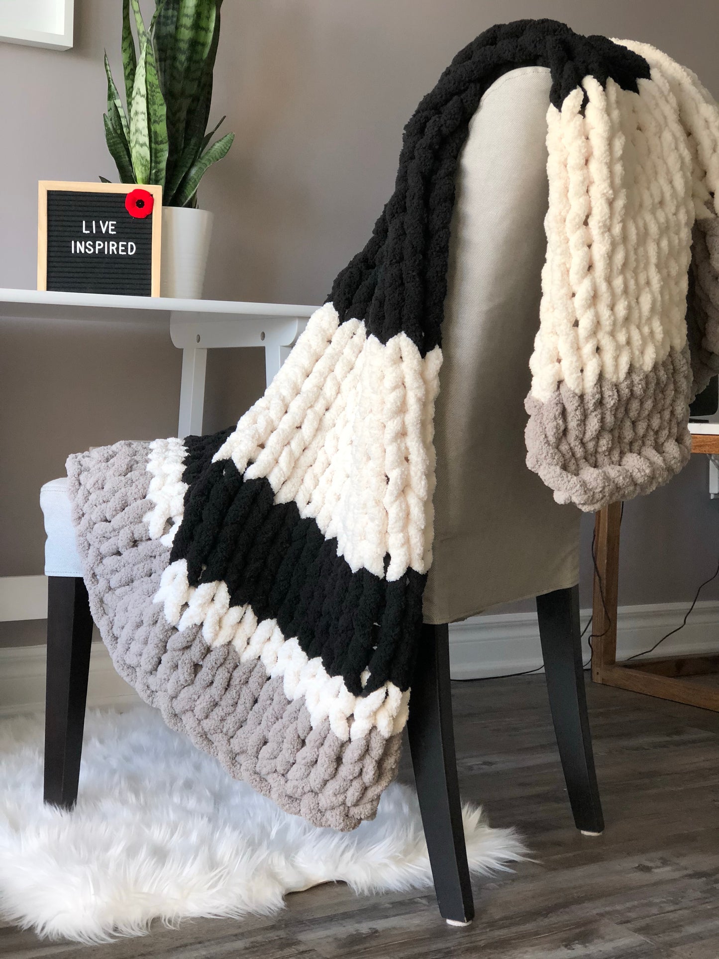Healing Hand, Chunky Knit Blanket Black, White and Grey Stripes