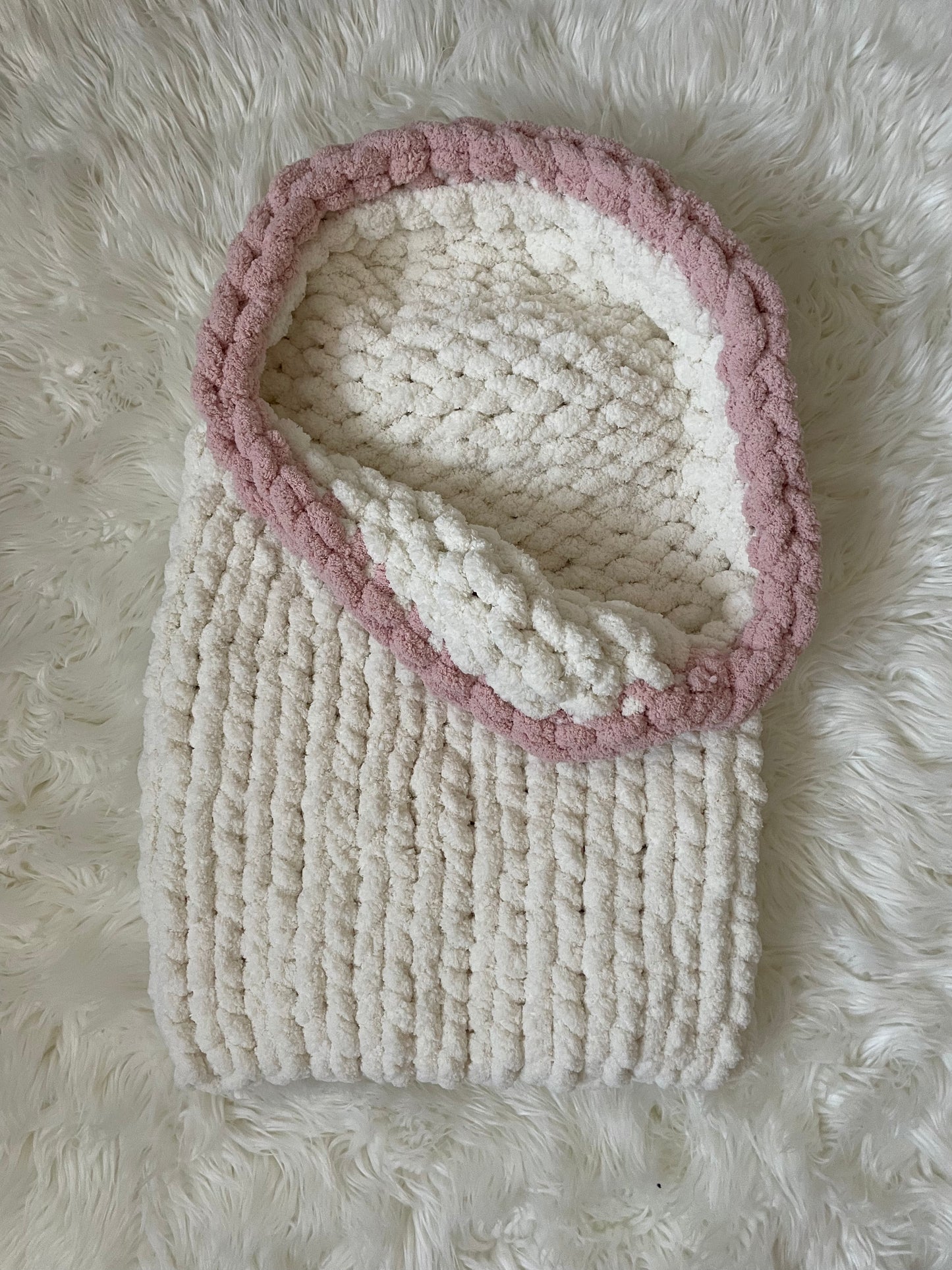 Baby Bunting Bag | Sleeping Bag | White with Soft Pink Boarder