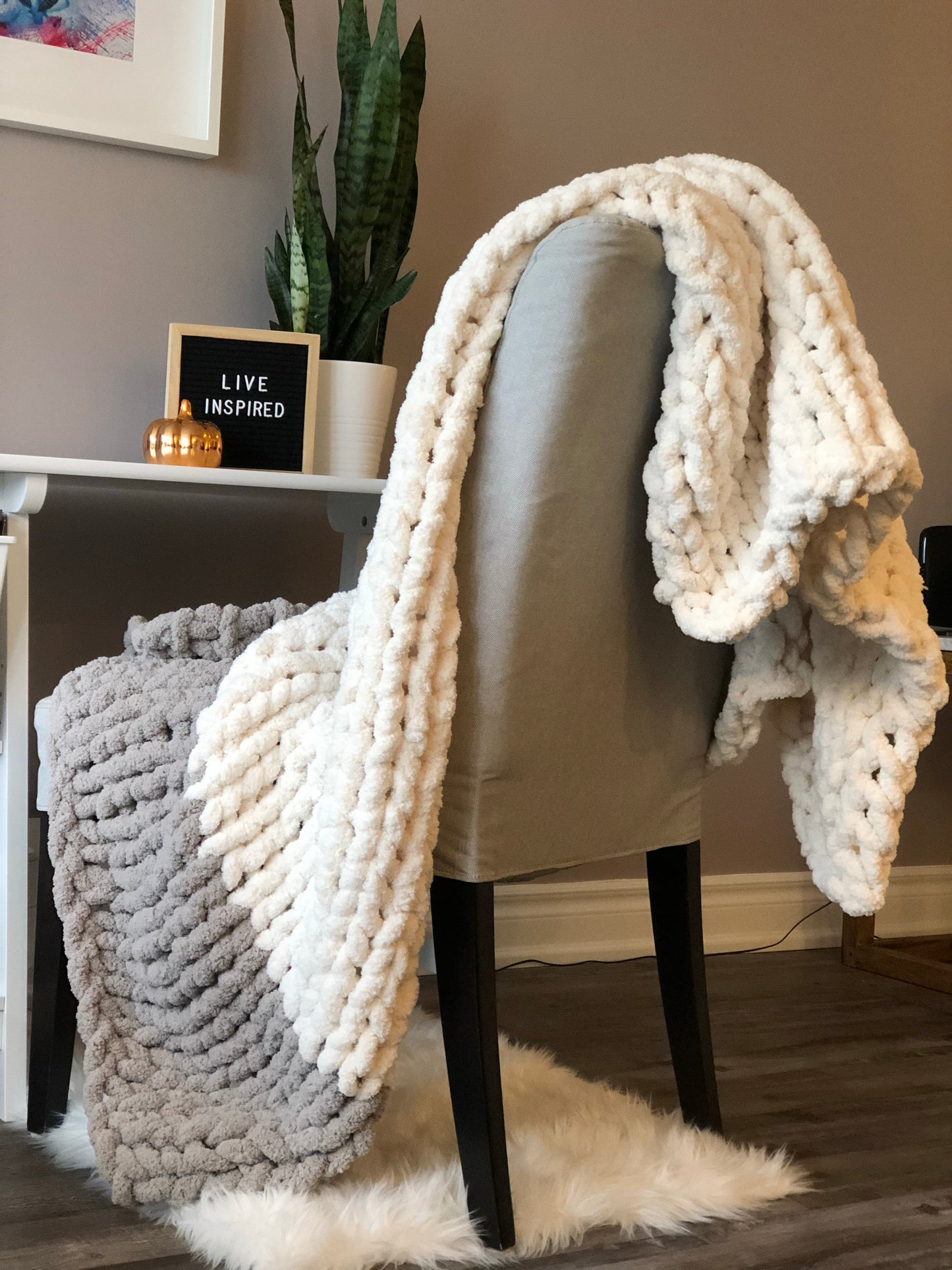 Healing Hand, Chunky Knit Blankets White with Light Grey on one side only