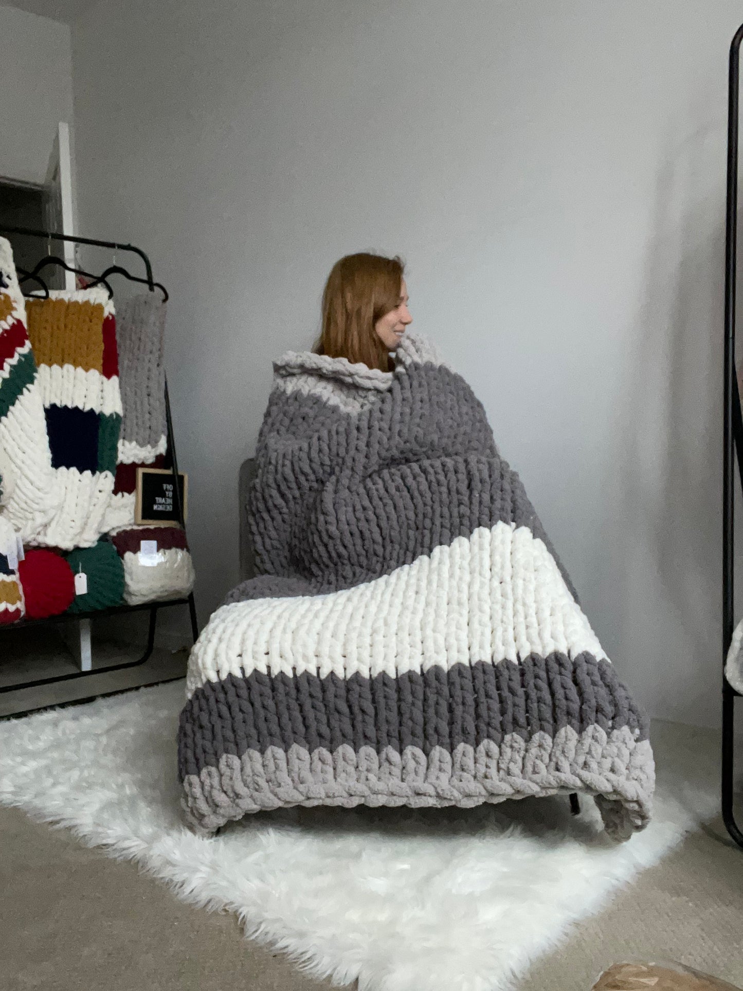 Healing Hand, Chunky Knit Grey Stripes