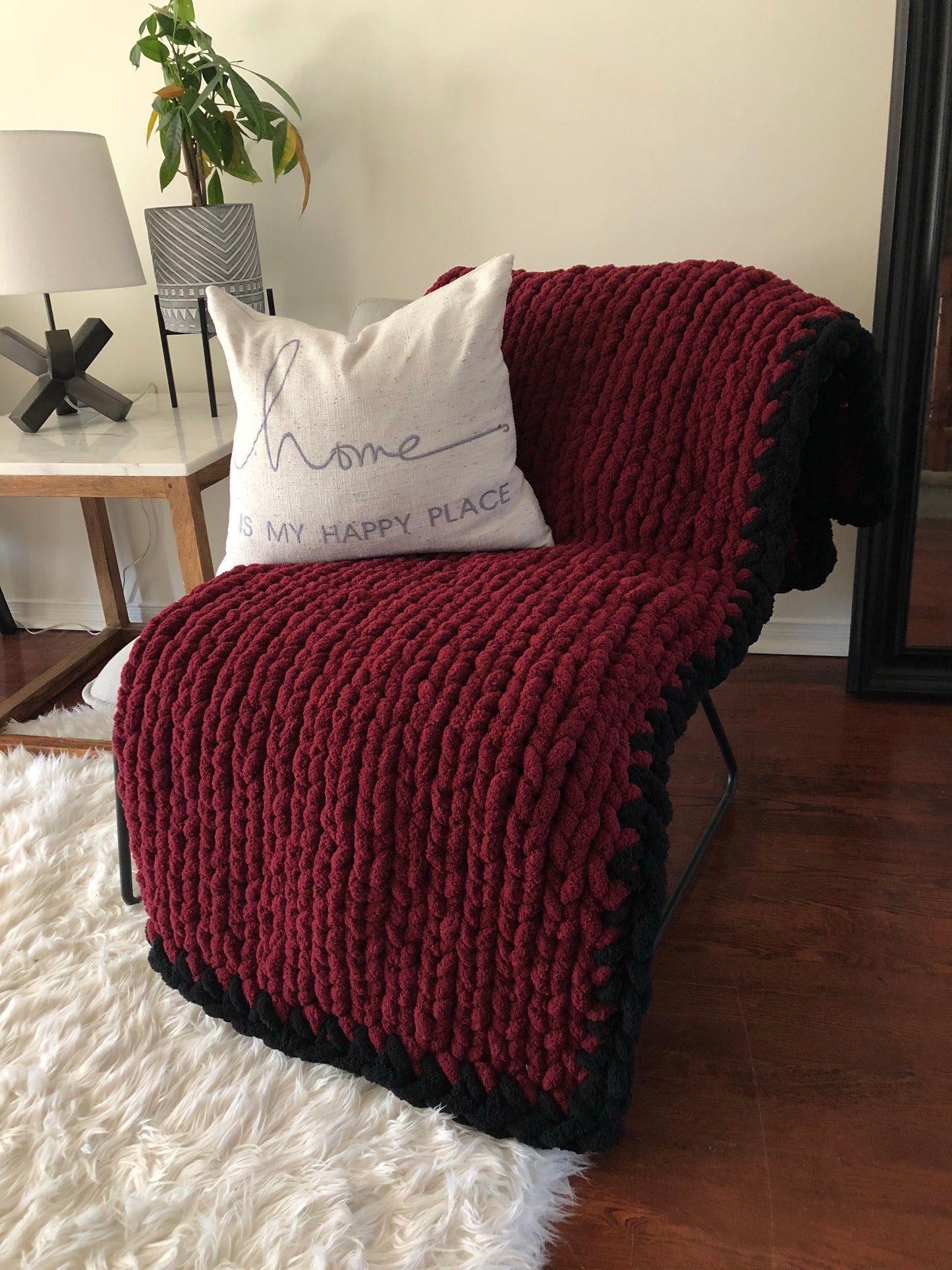 Healing Hand, Chunky Knit Blankets Burgundy with Black Edge