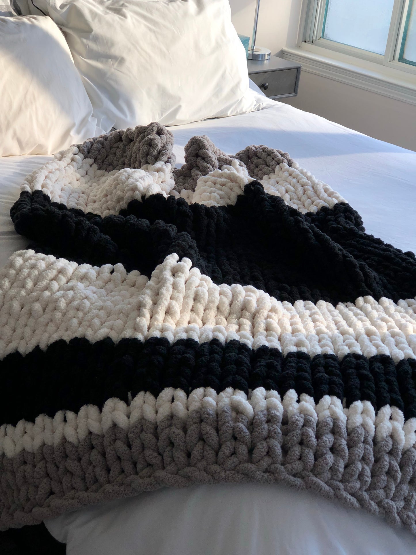 Healing Hand, Chunky Knit Blanket Black, White and Grey Stripes