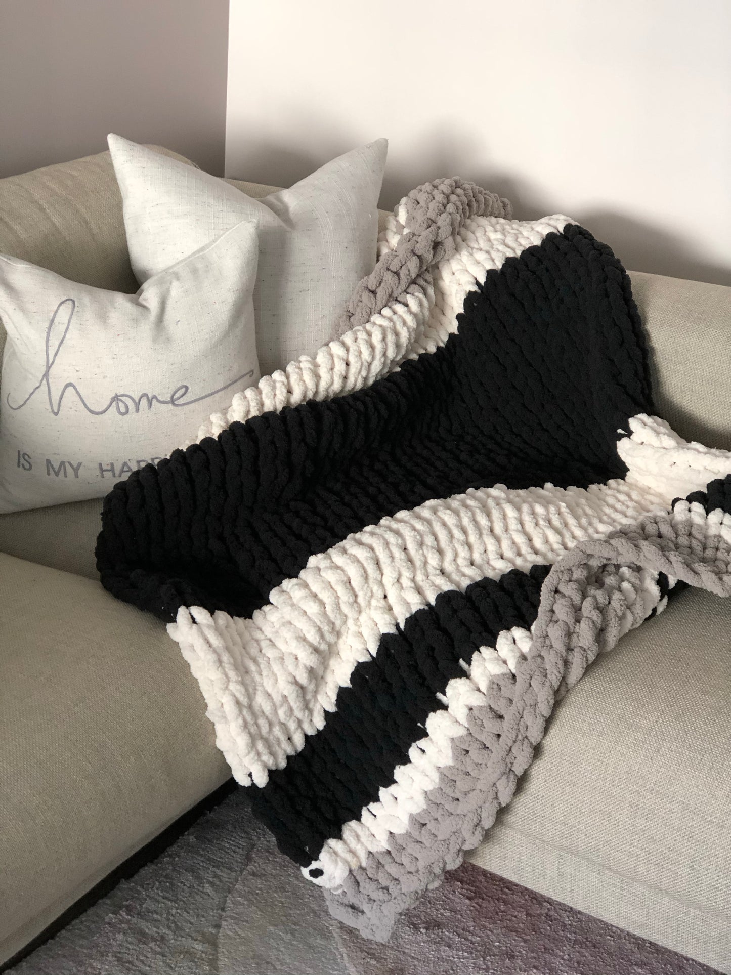 Healing Hand, Chunky Knit Blanket Black, White and Grey Stripes
